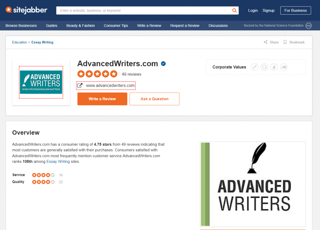 Advanced Writers sitejabber